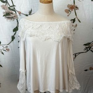 Cream Lace Trimmed Off The Shoulder Top